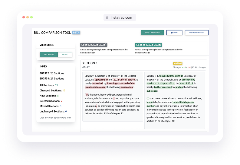 Smart Compare interface highlighting edits between bill versions
